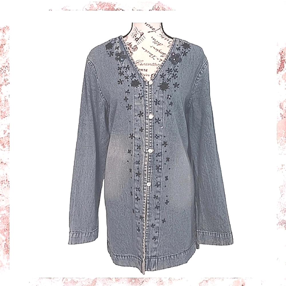 Vintage Jeanology 90s Sequin Grunge 3/4 Length Jean Jacket